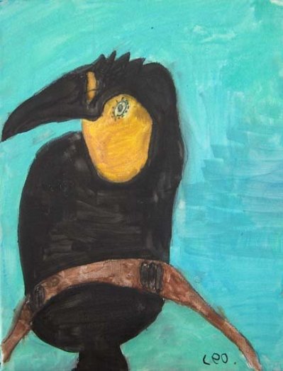 Toucan on Canvas wtih Aqua Crayons, by Leo